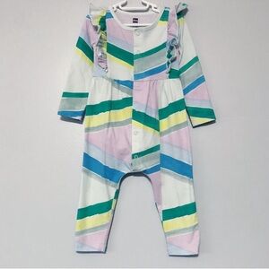 Tea Abstract Geometric Print Ruffled Long Romper